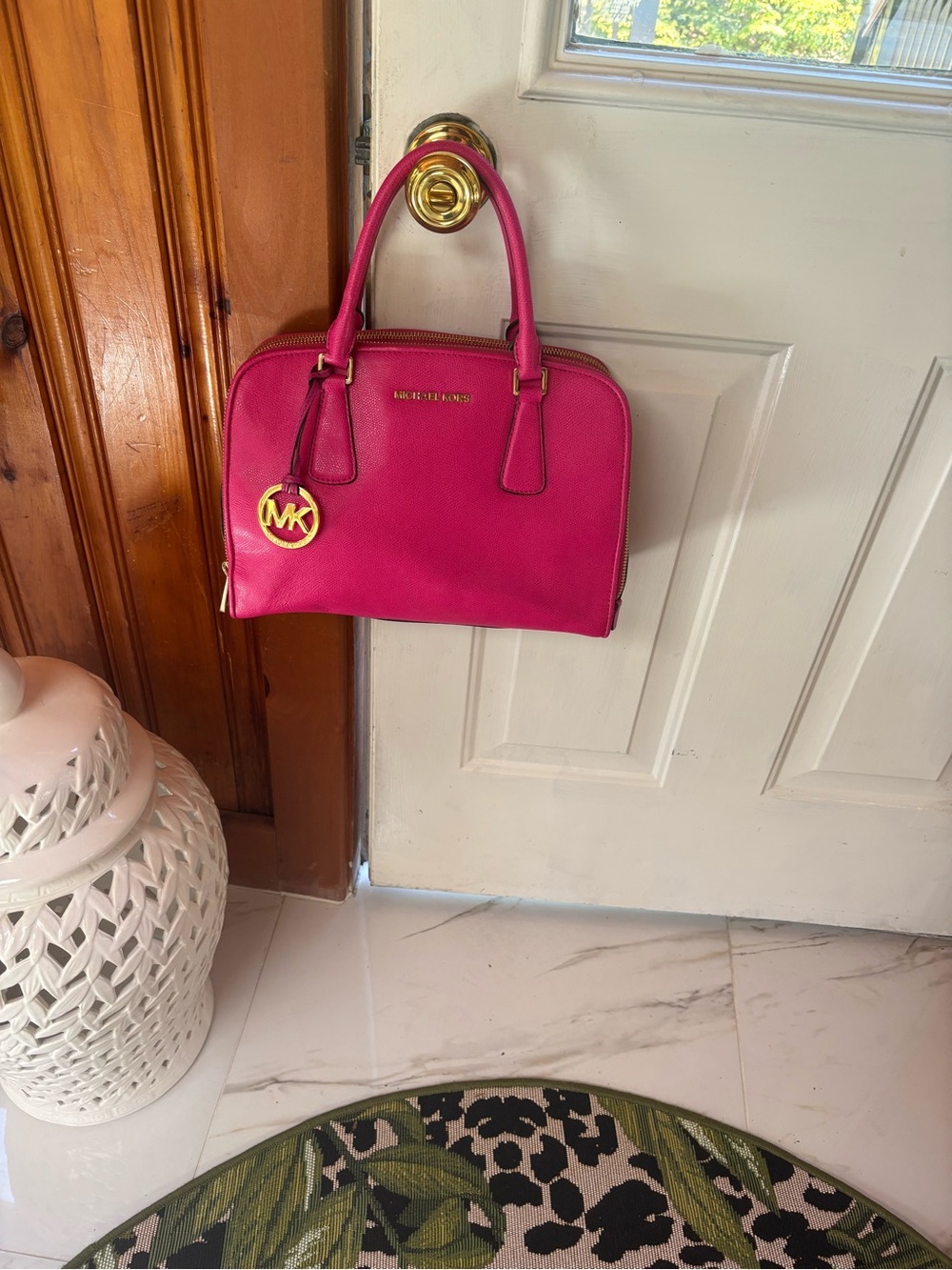 Michael Kors Hot Pink Leather Satchel with Gold Hardware
